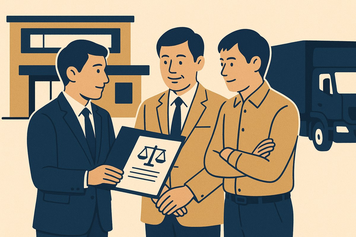 運送会社の営業所で弁護士が社長と運行管理者に顧問契約の説明をしている様子