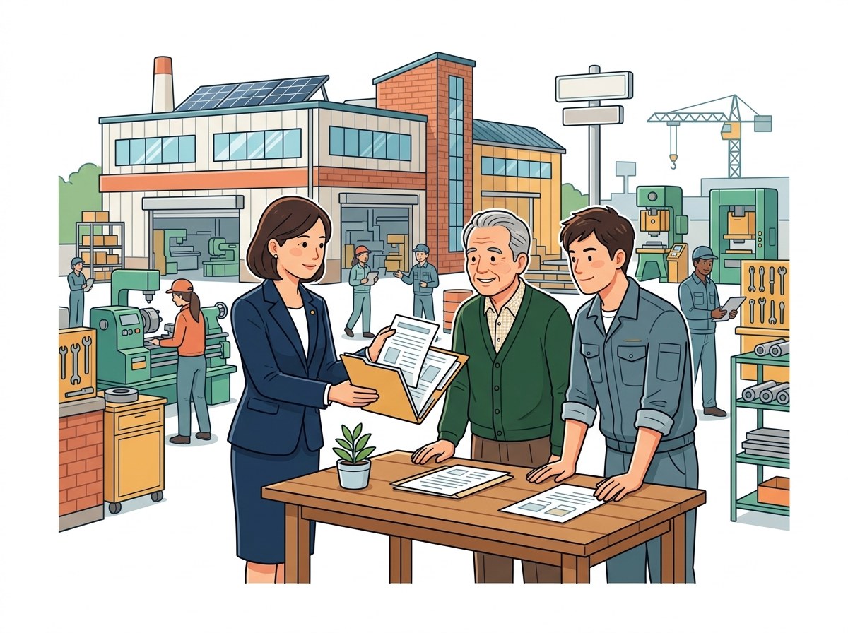 製造業の工場で弁護士が社長と後継者に事業承継の助言をするイメージ