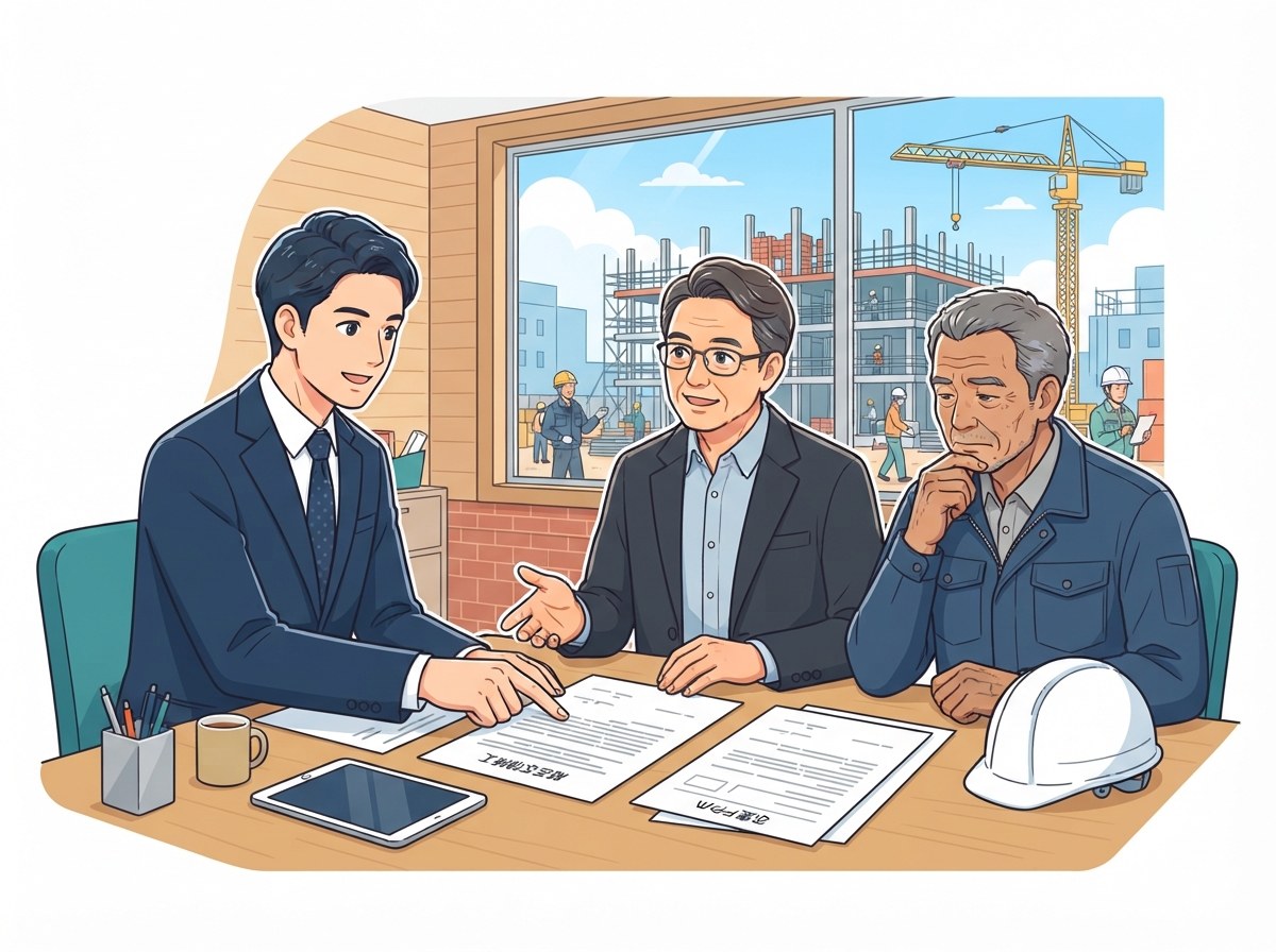 建設会社の事務所で弁護士が社長と現場監督に工事請負契約書を見せて助言しているイメージ