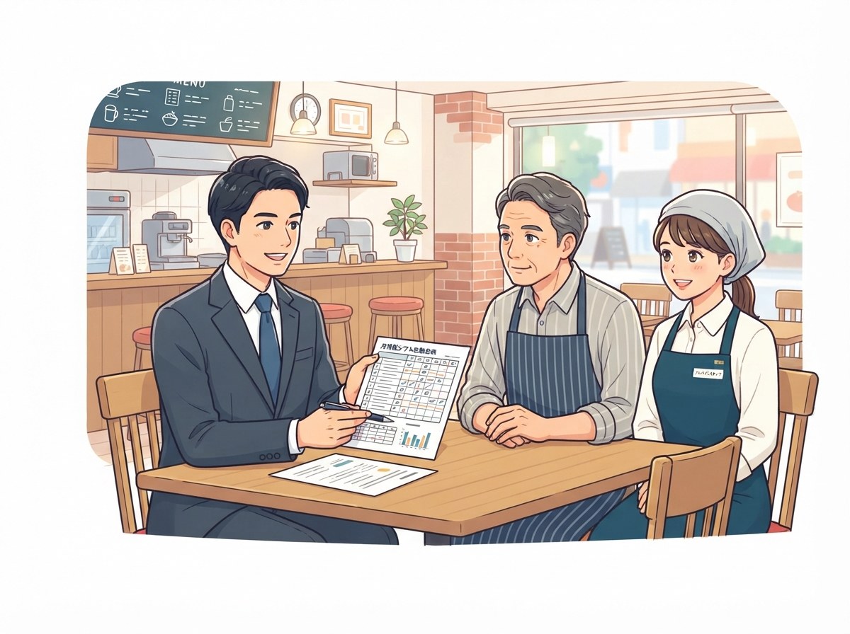 飲食店で弁護士が店長とアルバイトにシフト表を見せて労務管理を助言するイメージ
