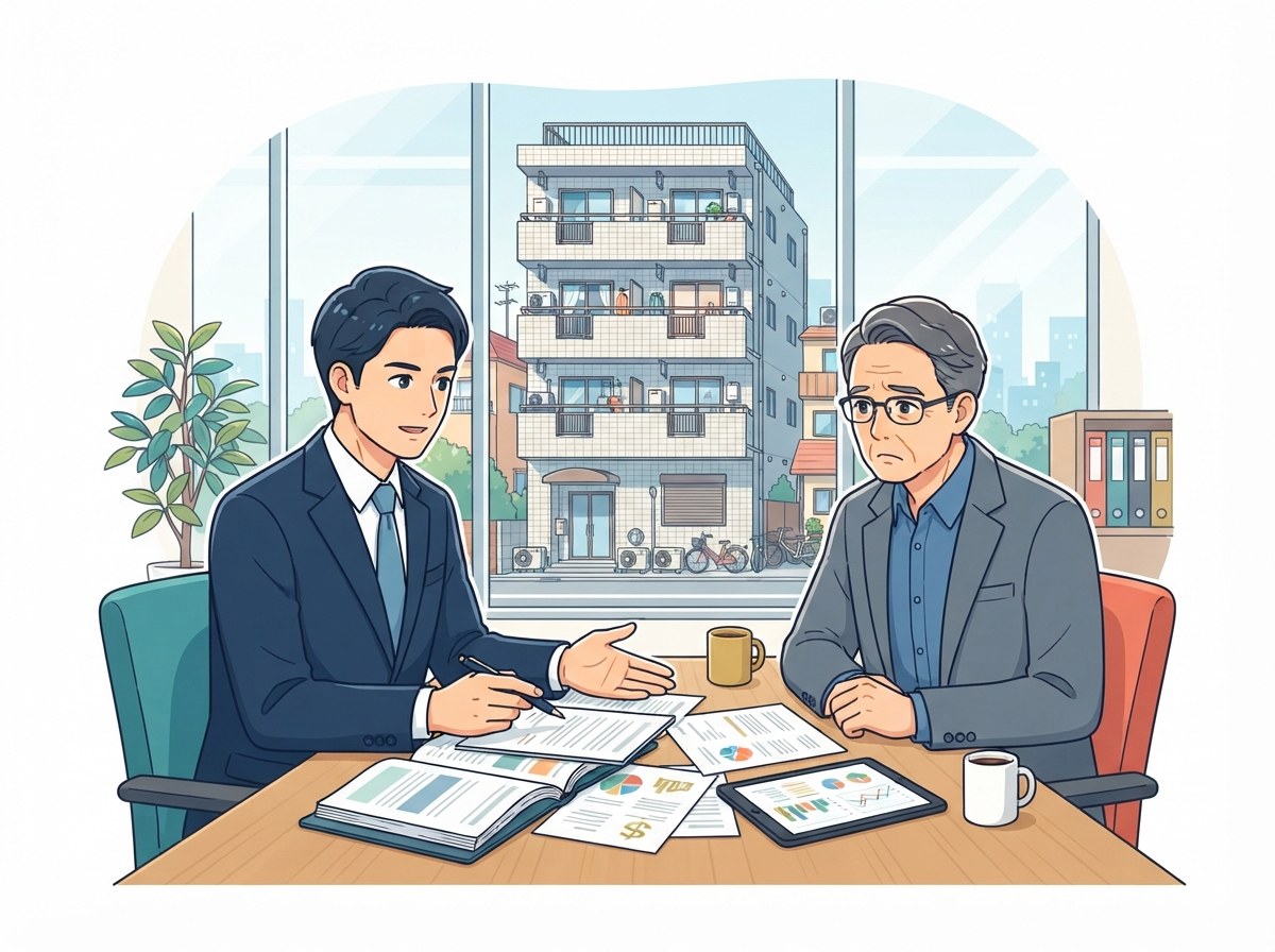 不動産オーナーと弁護士が家賃滞納の対応を相談するイメージ