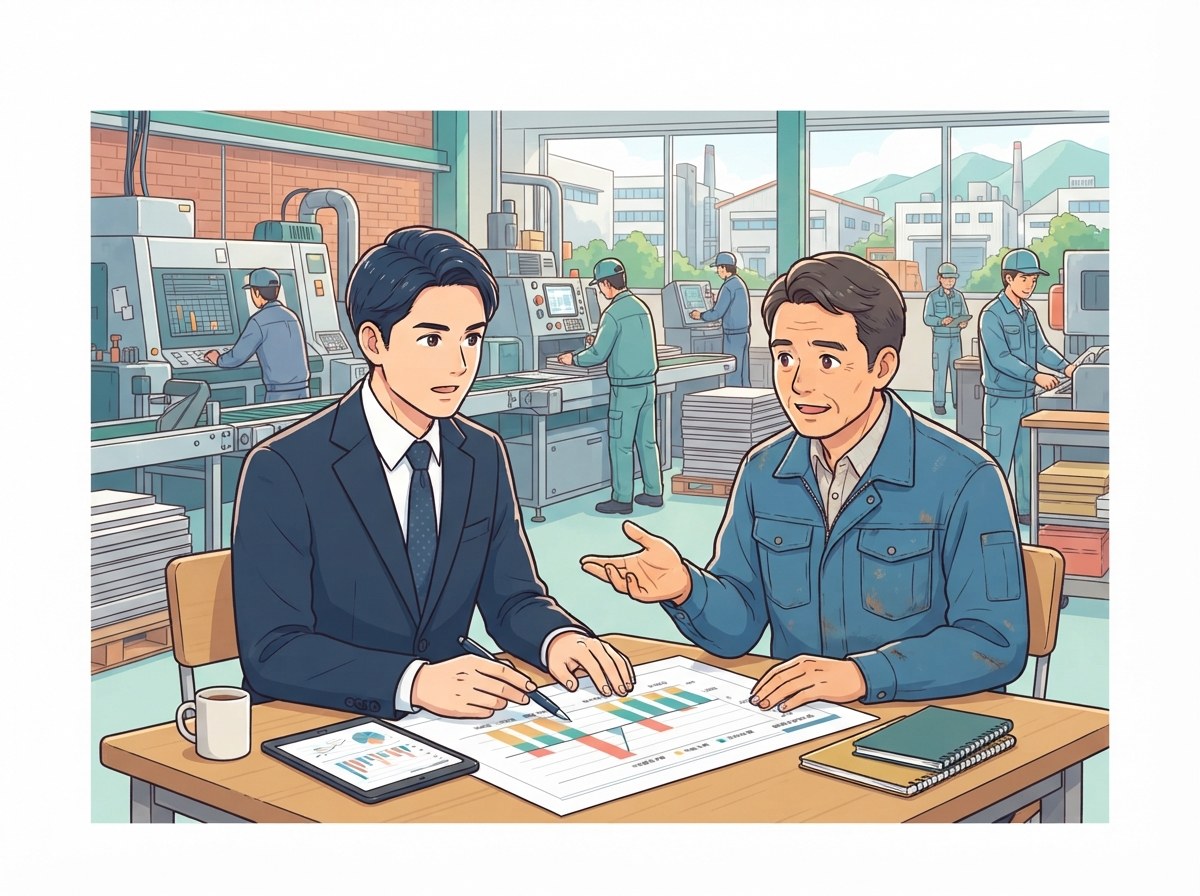 製造業の工場で弁護士と社長が資金繰りと事業再生について相談するイメージ