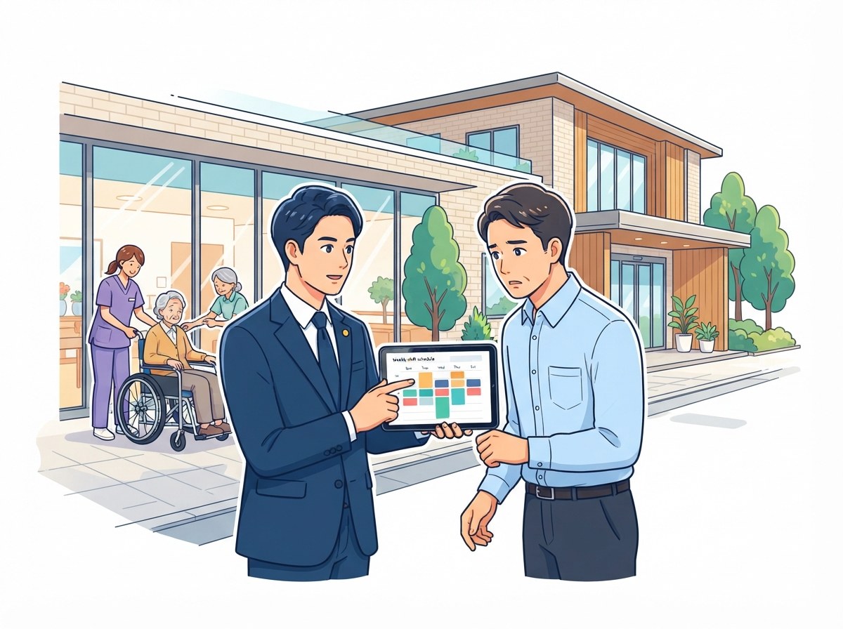 弁護士が介護事業所の施設長にシフト表を示しながら無断欠勤社員への対応を助言するイメージ