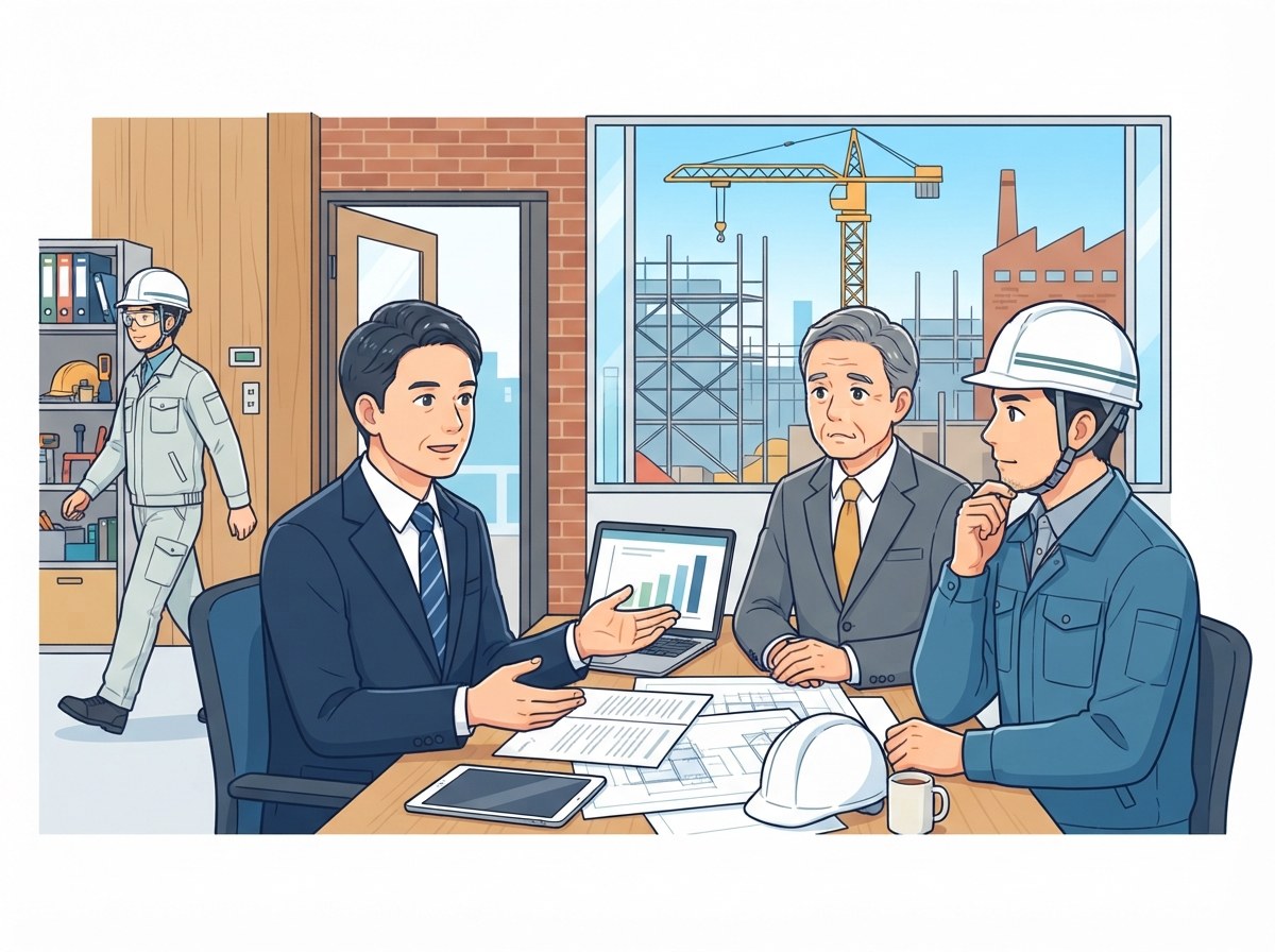 建設会社の社長と現場監督に弁護士がパワハラ申告への対応を説明するイメージ
