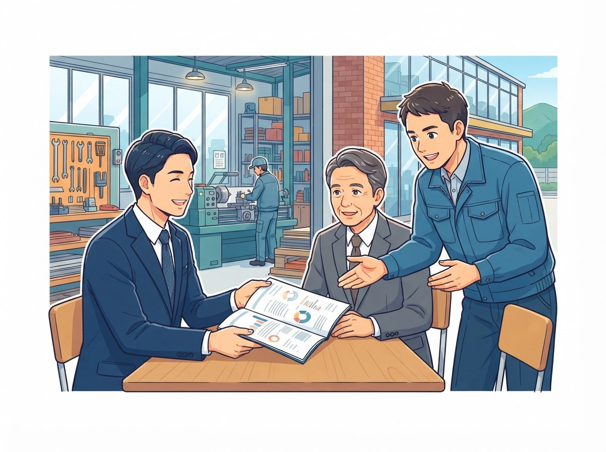 町工場で弁護士が社長と工場長に顧問契約について説明するイメージ