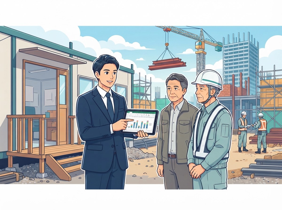 建設現場で弁護士が社長と現場所長に管理職の残業について助言するイメージ